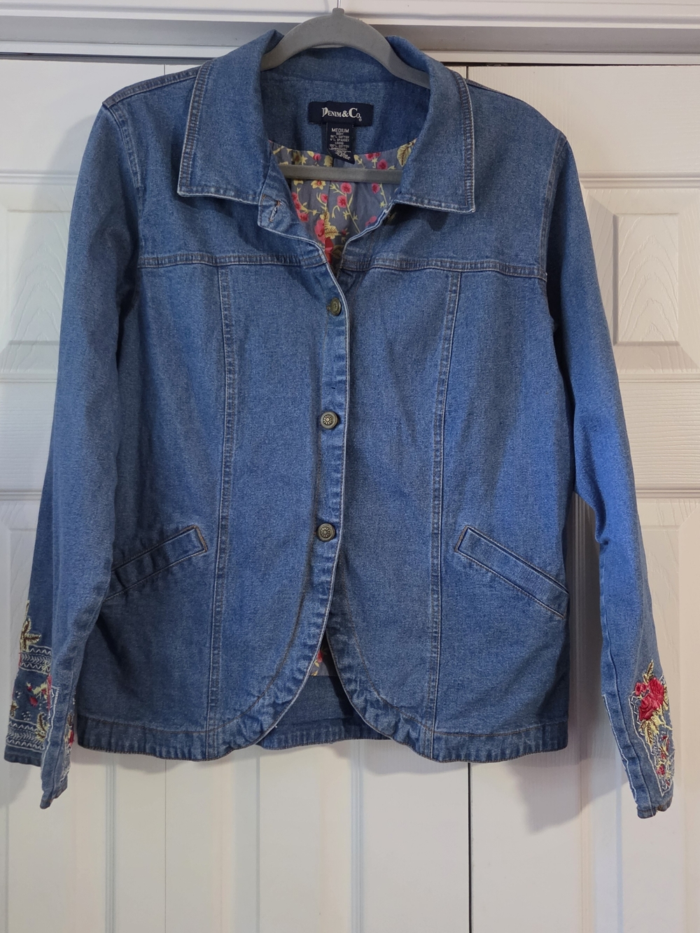 Denim & Co. Floral Embroidered Denim Jacket Size Medium